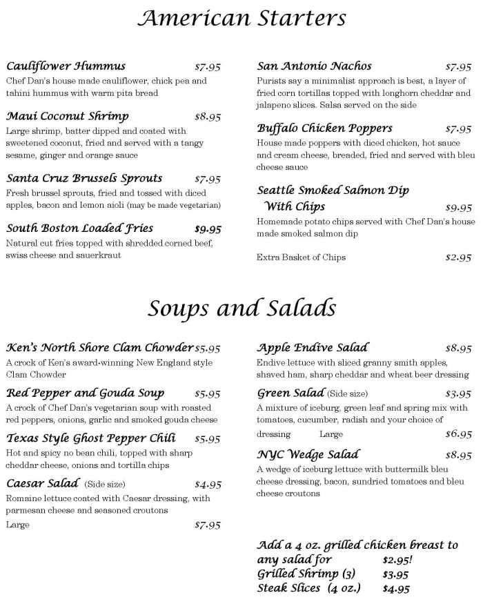 Page 1 of menu, Ken's American Cafe Oneonta, NY